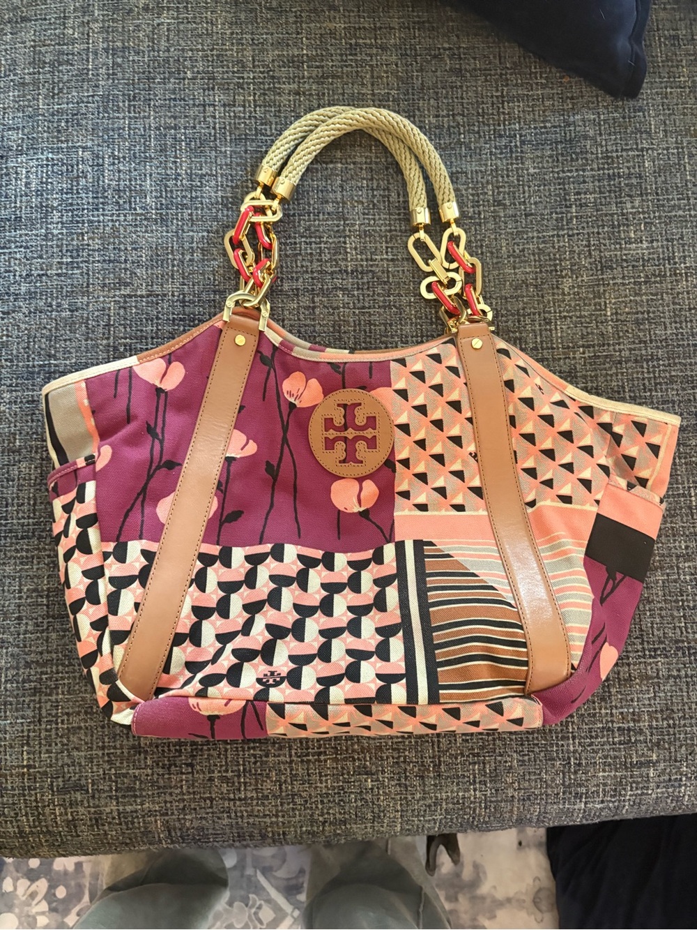 Tory Burch Pink and Peach Patchwork Canvas Tote with Leather Trim